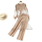 Women's Elegant Diamond Pattern Wide-Leg Knit Loungewear Set