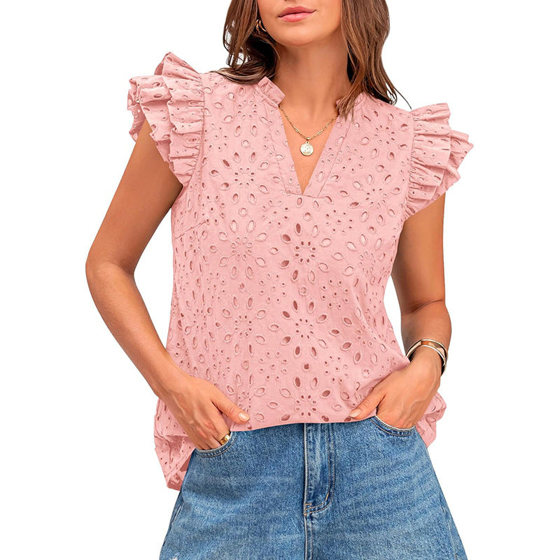 Women's Blouse with Ruffled Sleeves and Floral Eyelet Pattern