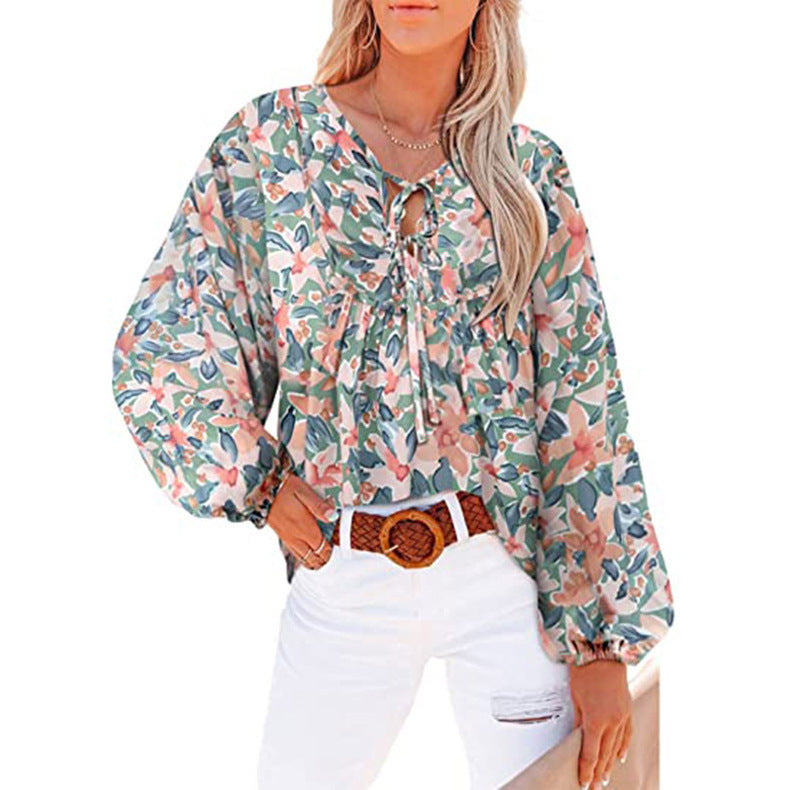 Women's Loose Blouse with Floral Pattern and Voluminous Sleeves