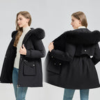 Women's Fashionable Puffer Jacket with Detachable Faux Fur Collar and Functional Pockets