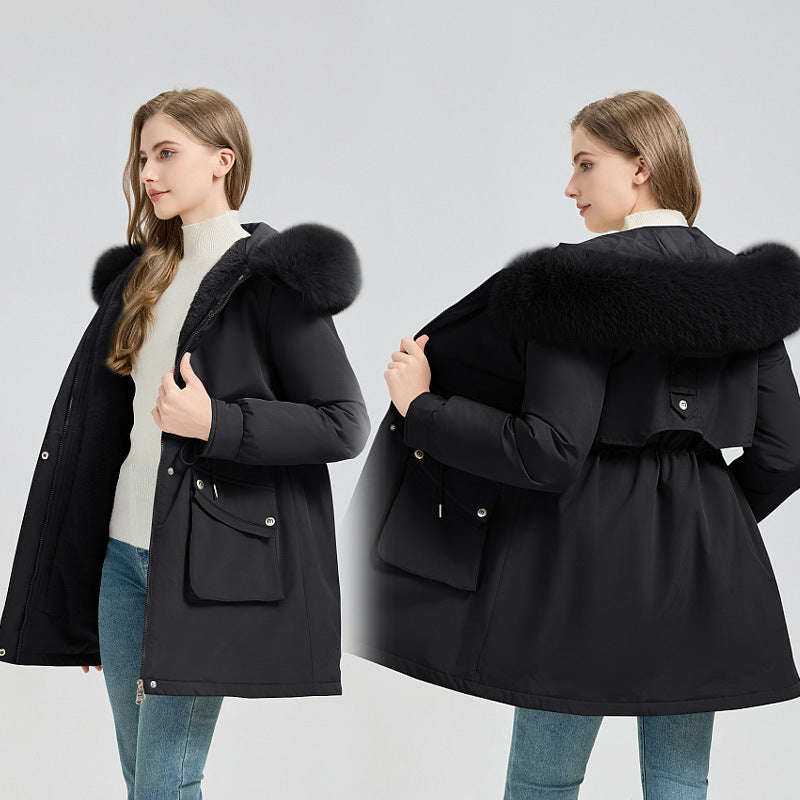 Women's Fashionable Puffer Jacket with Detachable Faux Fur Collar and Functional Pockets