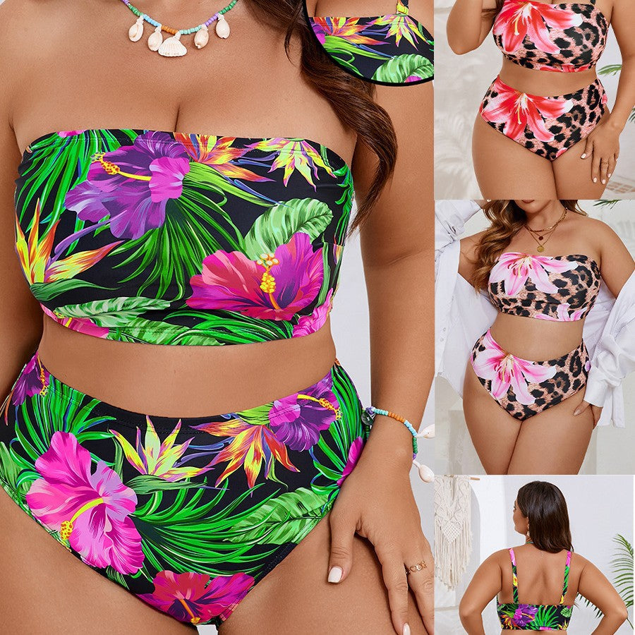 Women's Bandeau Bikini with Floral and Animal Print