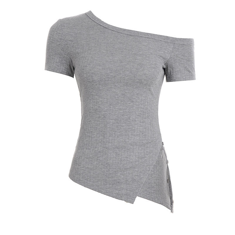 Women's Asymmetrical Short Sleeve Top with Button Details