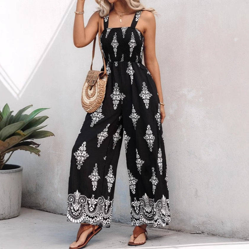 Women's Jumpsuit with Elastic Waist and Floral Details