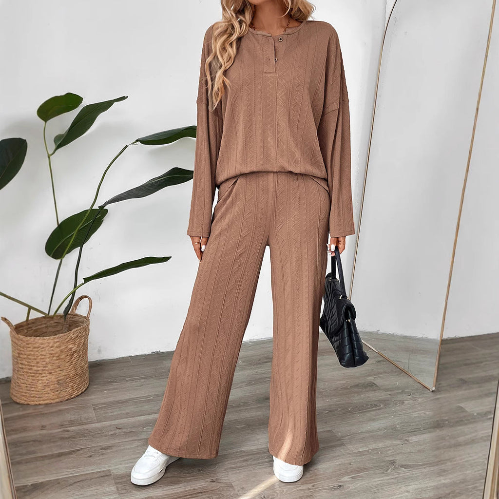 Women's Cozy Knit Set with Wide Leg and Button Placket