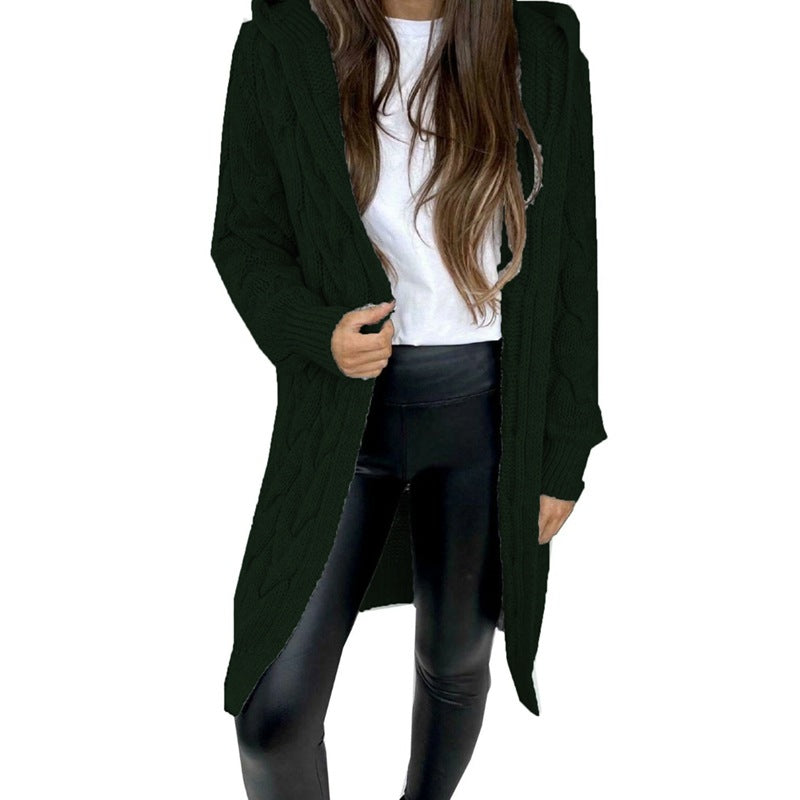 Women's Long Knit Coat with Textured Cable Design and Practical Hood