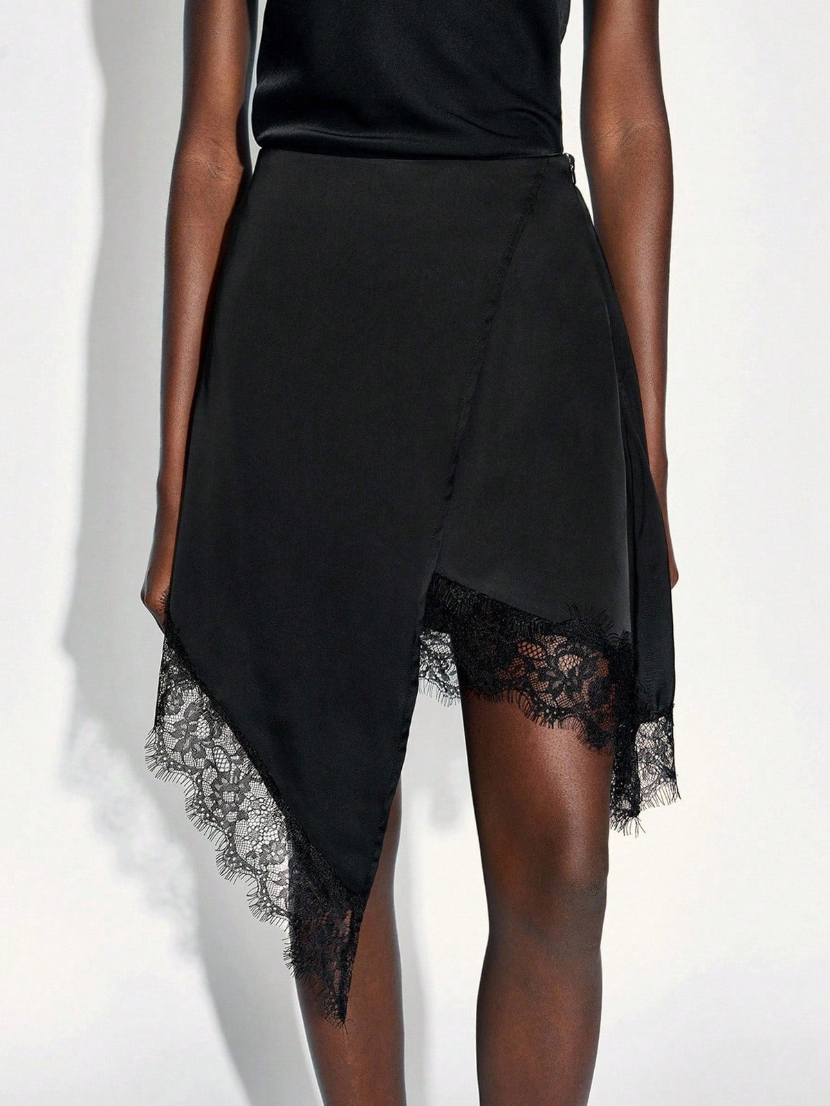 Women's Asymmetrical Wrap Skirt with Lace Trim and Satin-Like Drape
