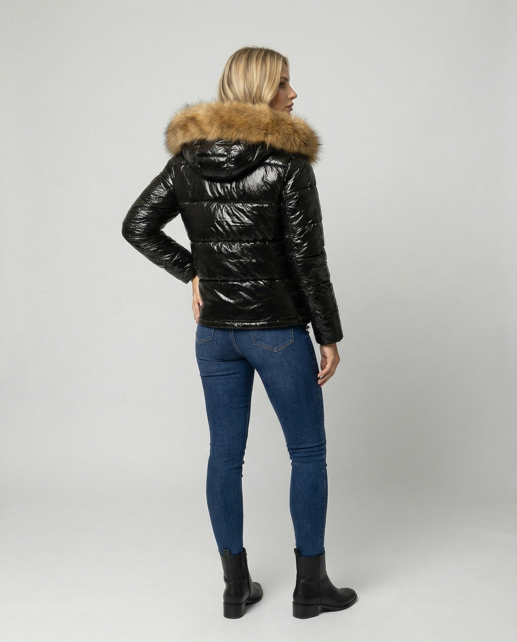 Women's Shiny Winter Jacket with Detachable Hood and Faux Fur Trim