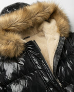 Women's Shiny Winter Jacket with Detachable Hood and Faux Fur Trim