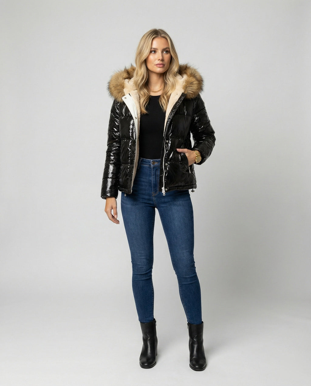 Women's Shiny Winter Jacket with Detachable Hood and Faux Fur Trim