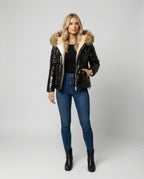 Women's Shiny Winter Jacket with Detachable Hood and Faux Fur Trim