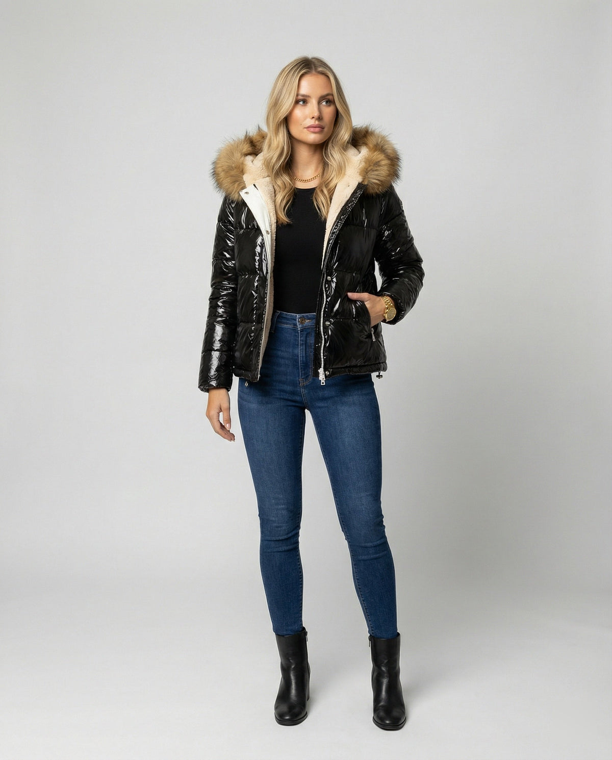 Women's Shiny Winter Jacket with Detachable Hood and Faux Fur Trim