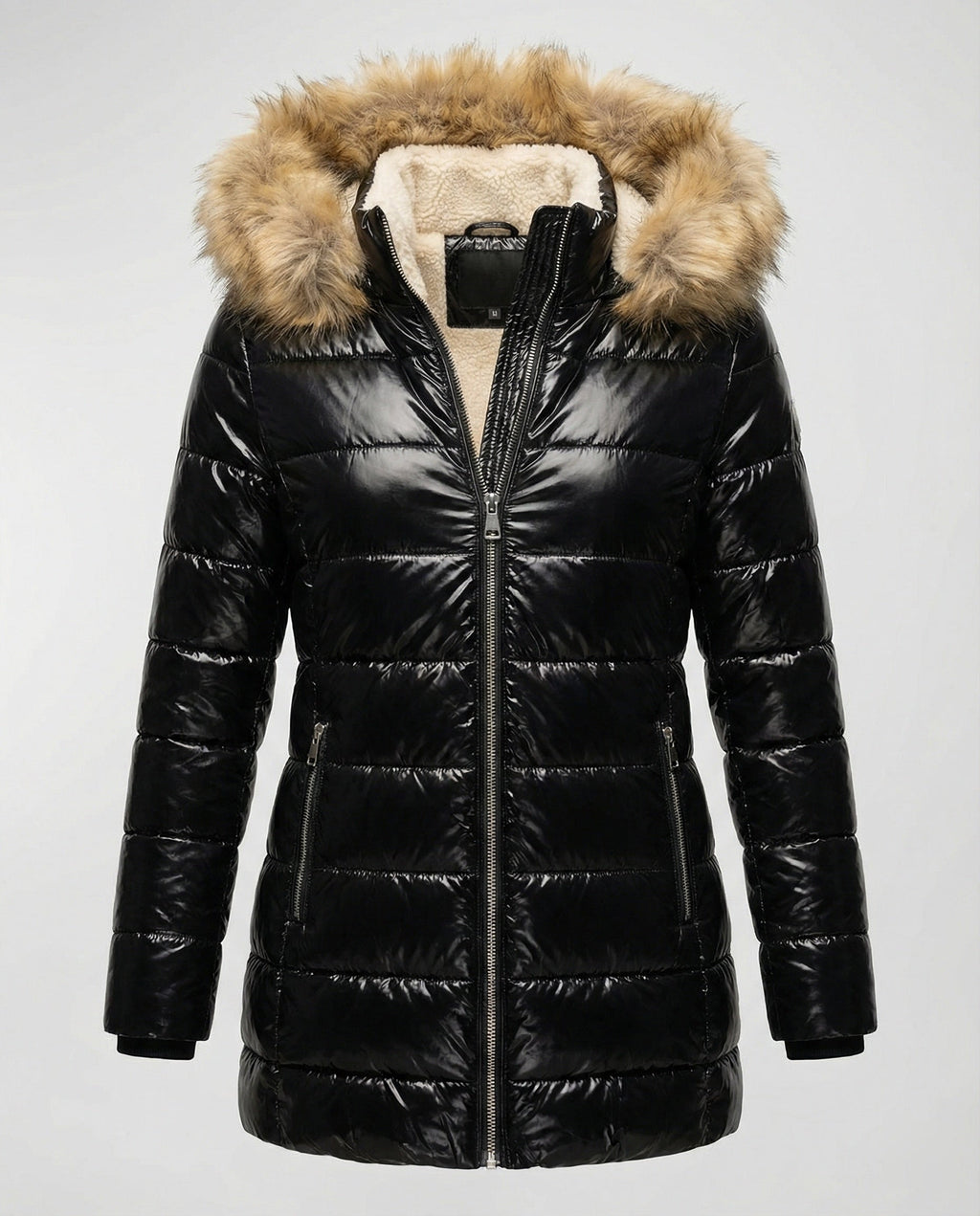 Women's Shiny Winter Jacket with Detachable Hood and Faux Fur Trim