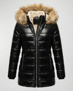 Women's Shiny Winter Jacket with Detachable Hood and Faux Fur Trim