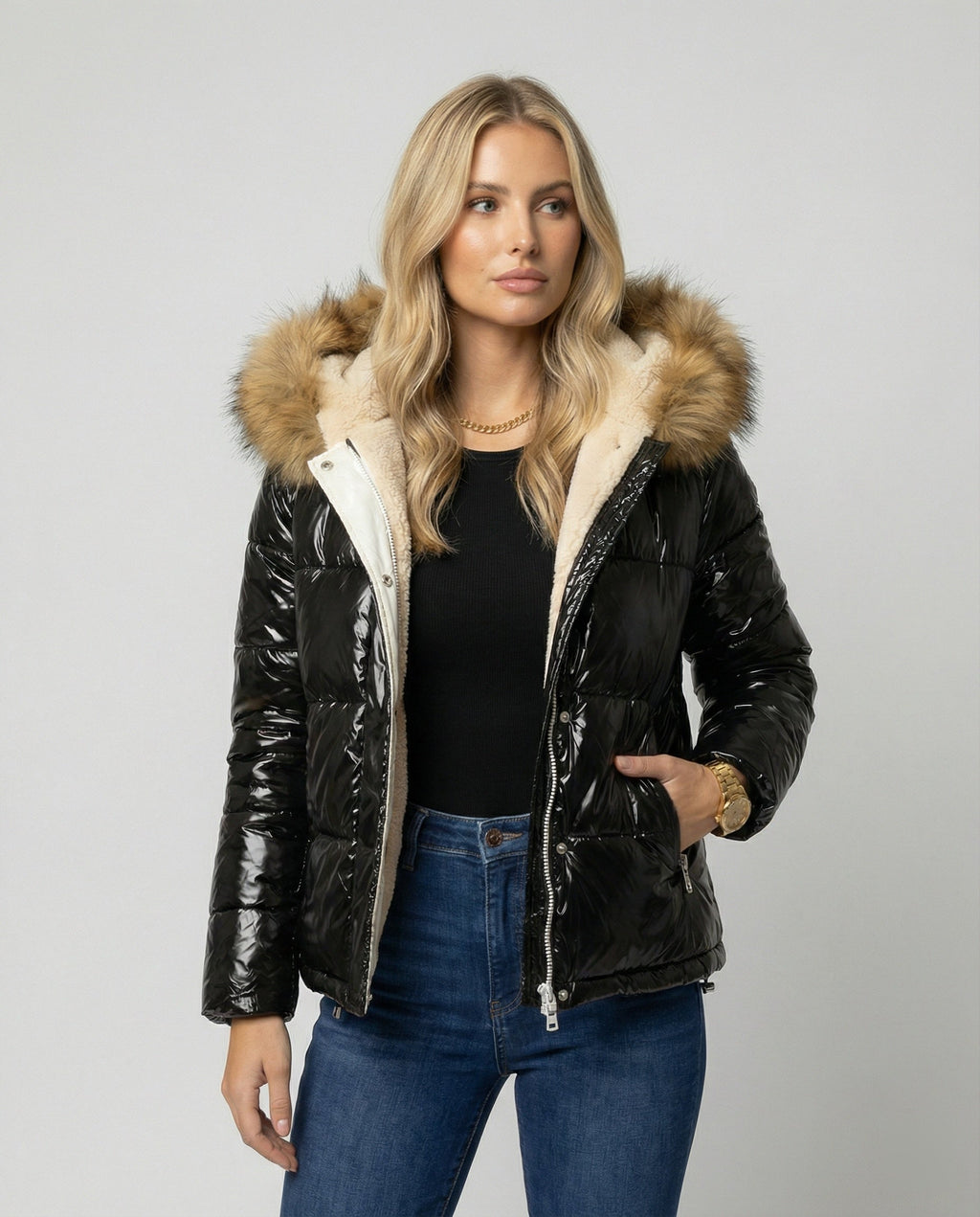 Women's Shiny Winter Jacket with Detachable Hood and Faux Fur Trim