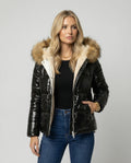 Women's Shiny Winter Jacket with Detachable Hood and Faux Fur Trim