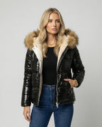 Women's Shiny Winter Jacket with Detachable Hood and Faux Fur Trim