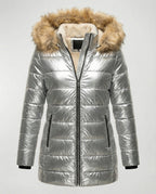 Women's Shiny Winter Jacket with Detachable Hood and Faux Fur Trim