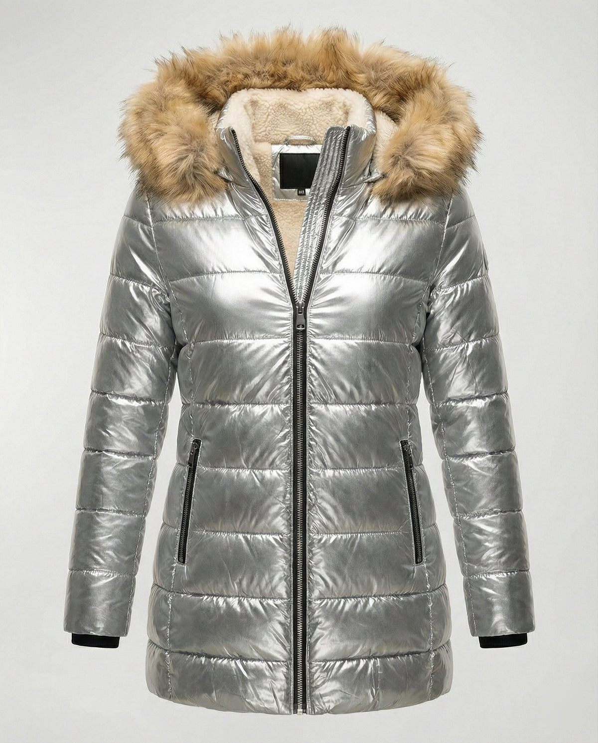 Women's Shiny Winter Jacket with Detachable Hood and Faux Fur Trim