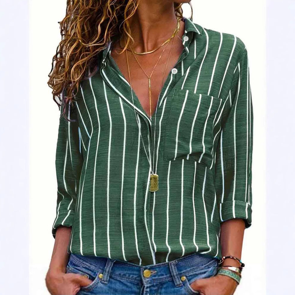 Casual Women's Shirt Blouse with Vertical Stripes and Chest Pocket