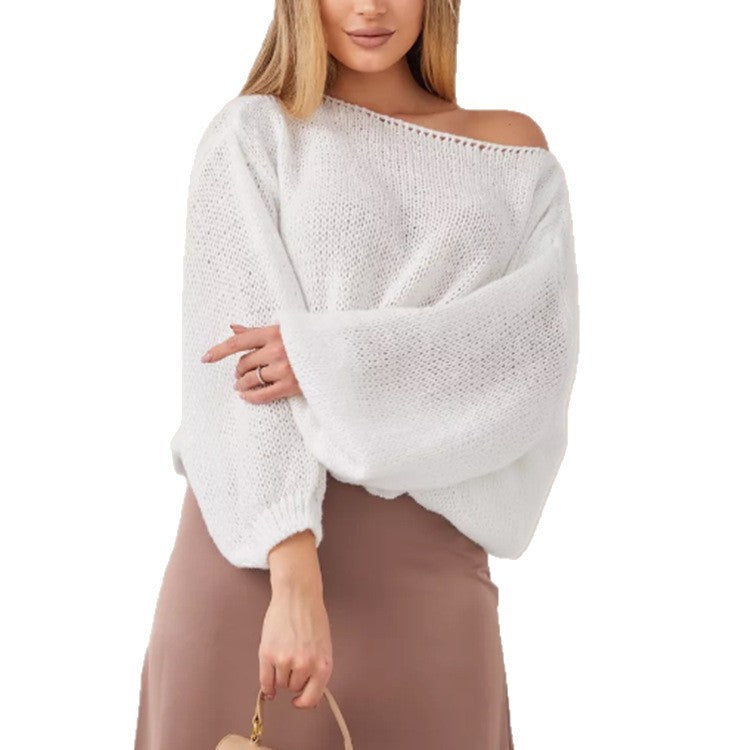 Women's Fluffy Off-Shoulder Sweater with Dropped Shoulders