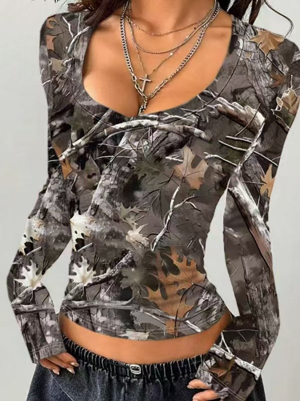 Women's Camouflage Long-Sleeve V-Neck Shirt