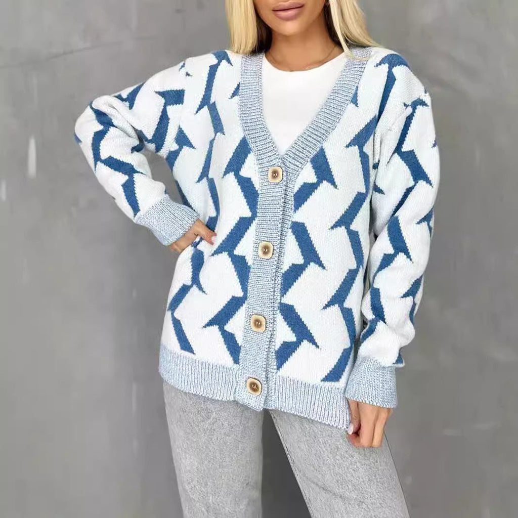 Women's Cozy Knit Cardigan with Modern Lightning Design and Button Closure