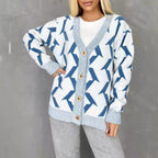 Women's Cozy Knit Cardigan with Modern Lightning Design and Button Closure