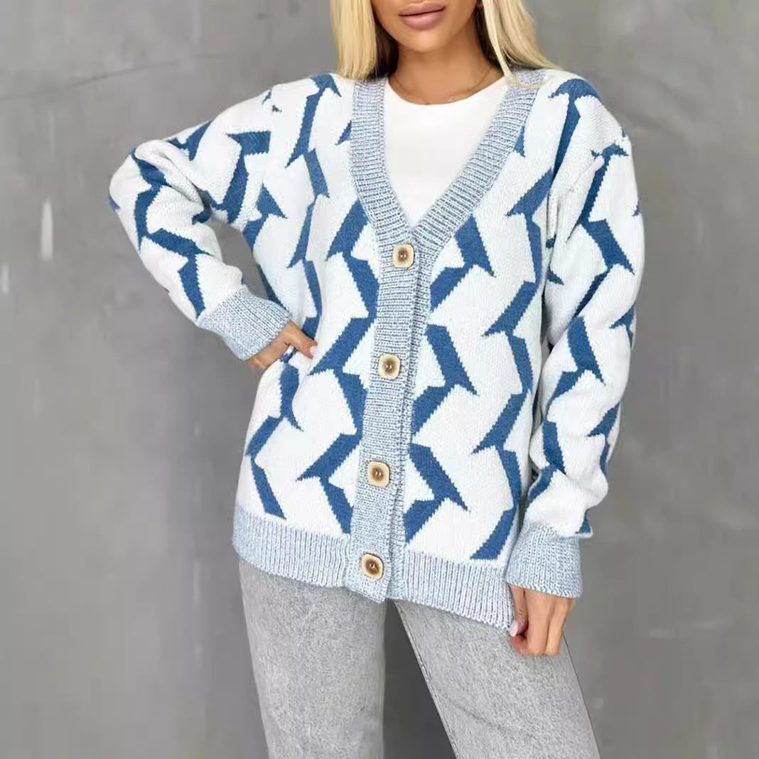 Women's Cozy Knit Cardigan with Modern Lightning Design and Button Closure