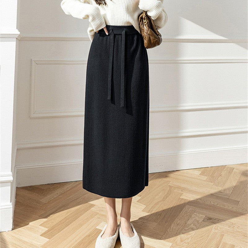 Women's Midi Skirt with Waist Tie and Ribbed Design
