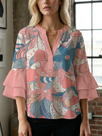 Women's Floral Top with Voluminous Ruffled Sleeves
