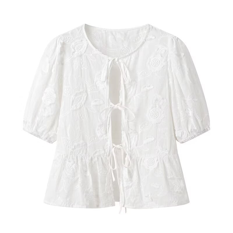 Women's Blouse with Floral Embroidery and Ruffle Details