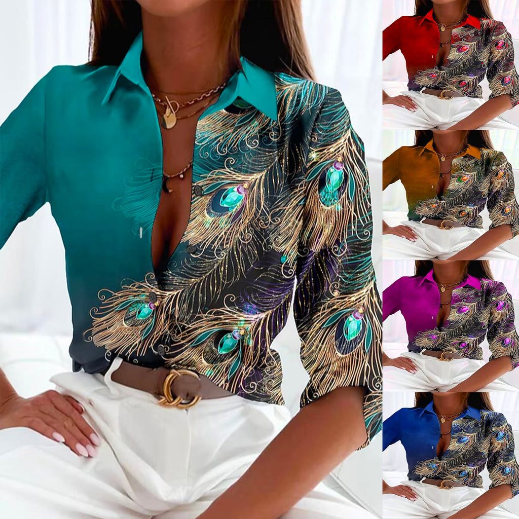 Elegant Women's Shirt with Peacock Pattern