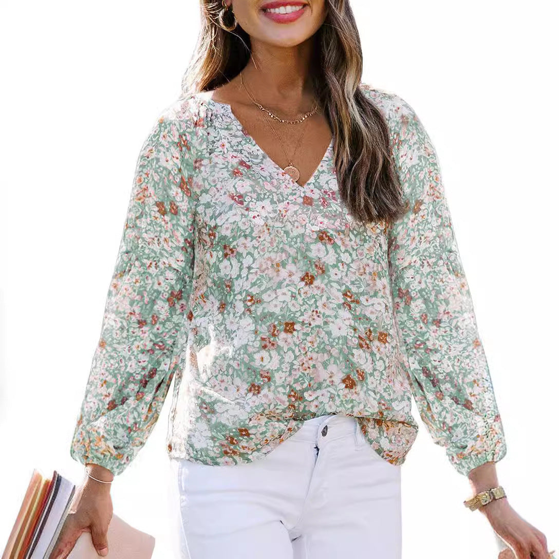 Women's Floral Blouse with V-Neck