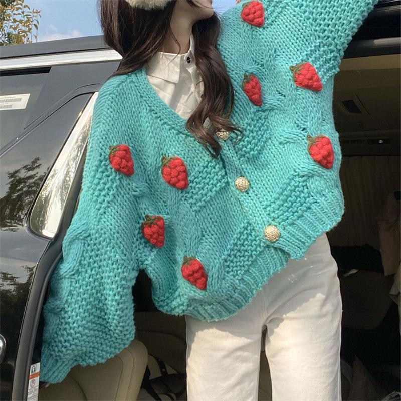 Women's Chunky Knit Cardigan with Floral Embroidery and Sparkling Buttons