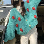 Women's Chunky Knit Cardigan with Floral Embroidery and Sparkling Buttons