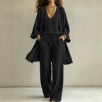 Women Casual Lounge Set with Kimono Cardigan, V-Neck Shirt and Wide Cord Pants
