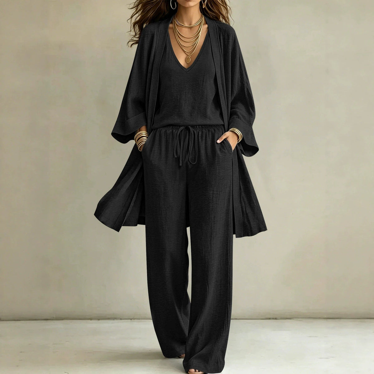 Women Casual Lounge Set with Kimono Cardigan, V-Neck Shirt and Wide Cord Pants