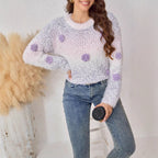 Women's Fluffy Knit Sweater with Floral Design