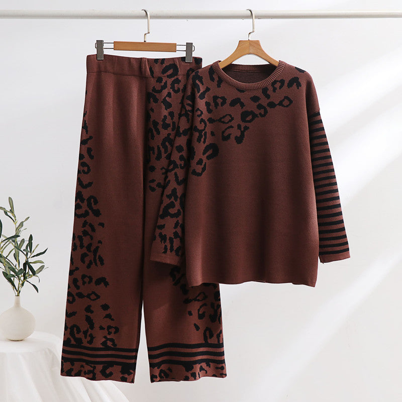 Women's Fashionable Lounge Set with Animal Print and Wide Stripes