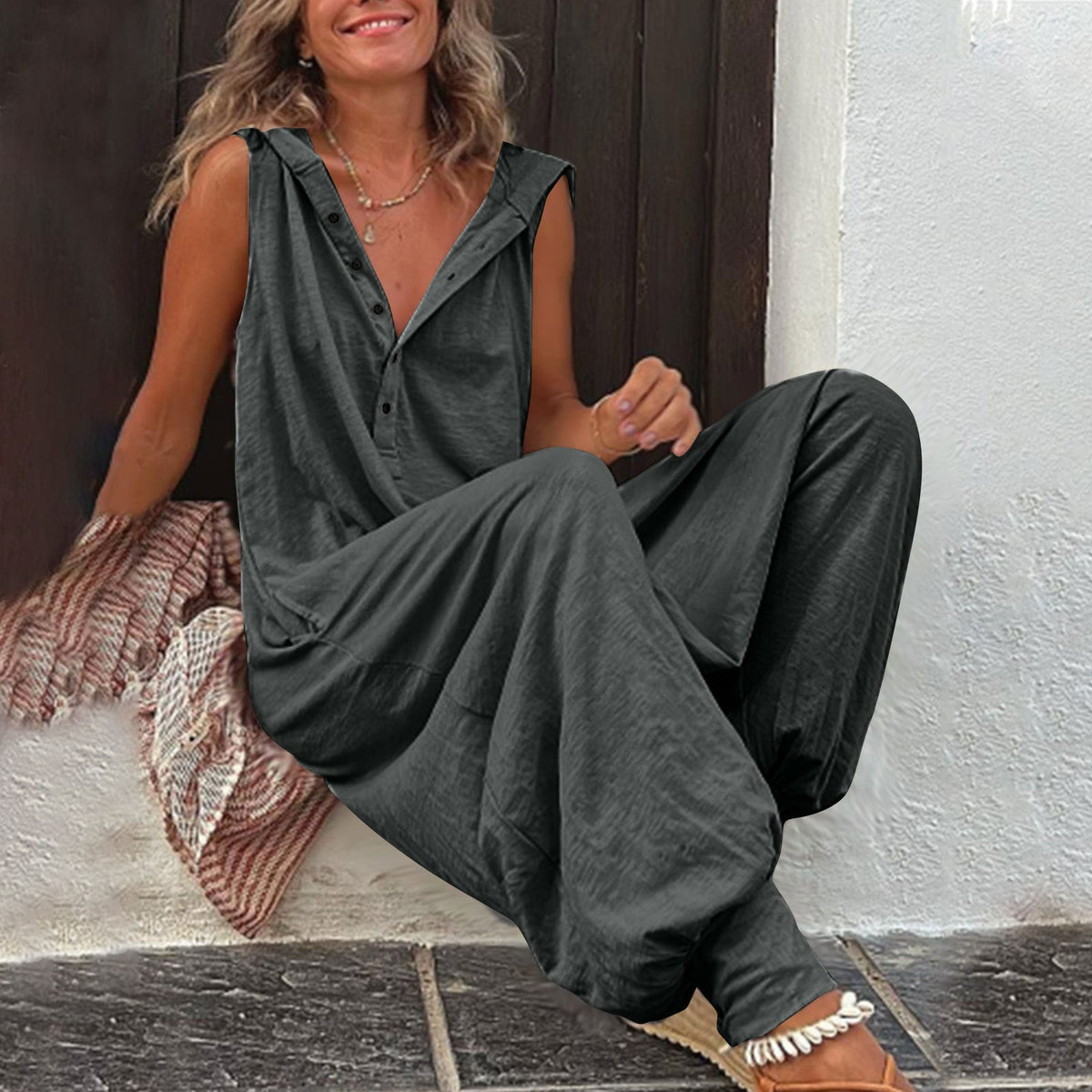 Women's Casual Jumpsuit with Hood and Button Closure