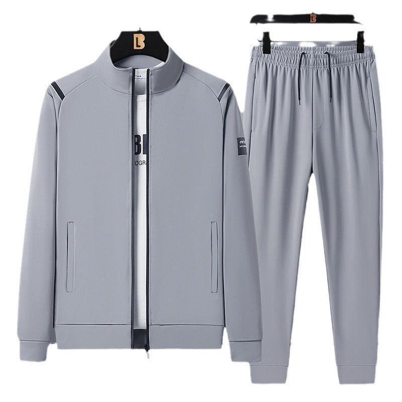 Men's casual sports training set with stand-up collar zip jacket and elastic drawstring jogging pants