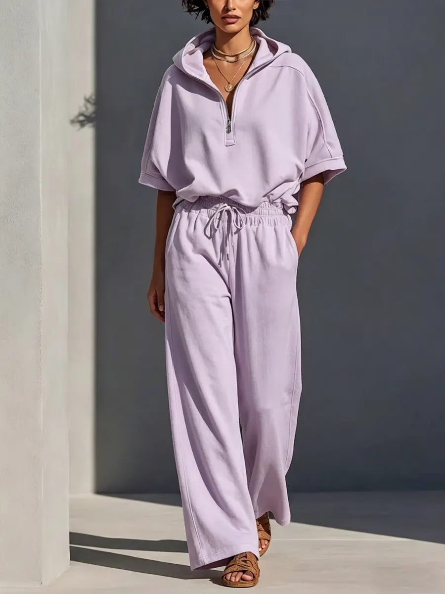 Women's Casual Lounge Set with Half-Zip Hoodie and Wide Palazzo Pants