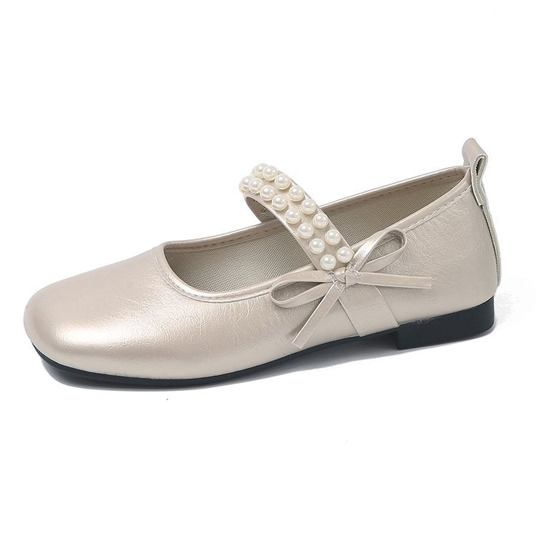 Women's Ballet Flats with Decorative Pearl Strap and Bow Accent