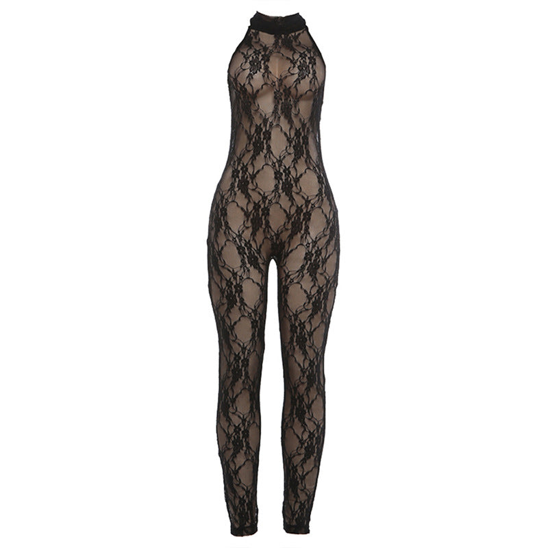 Women's Fine Lace Jumpsuit with High Collar and Figure-Hugging Cut