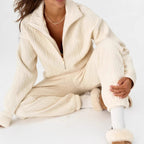 Women's Cable Knit Lounge Set with Half Zipper and High-Waisted Jogging Pants