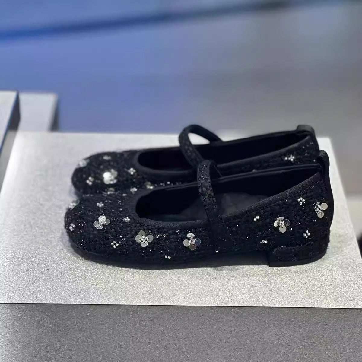 Women's Ballet Flats with Floral Glitter Accent and Adjustable Strap