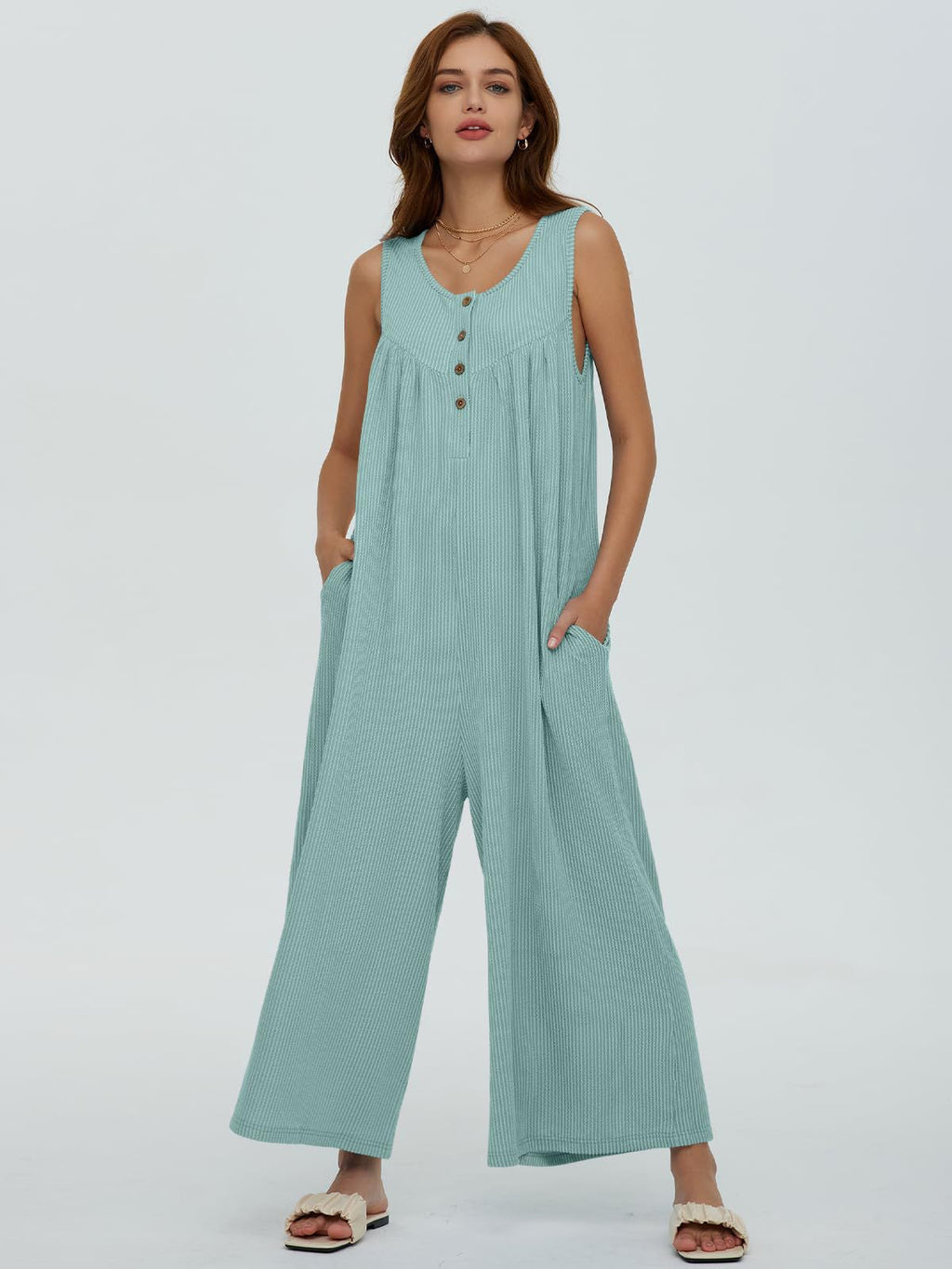Women's Casual Overall with Deep Neckline and Pockets