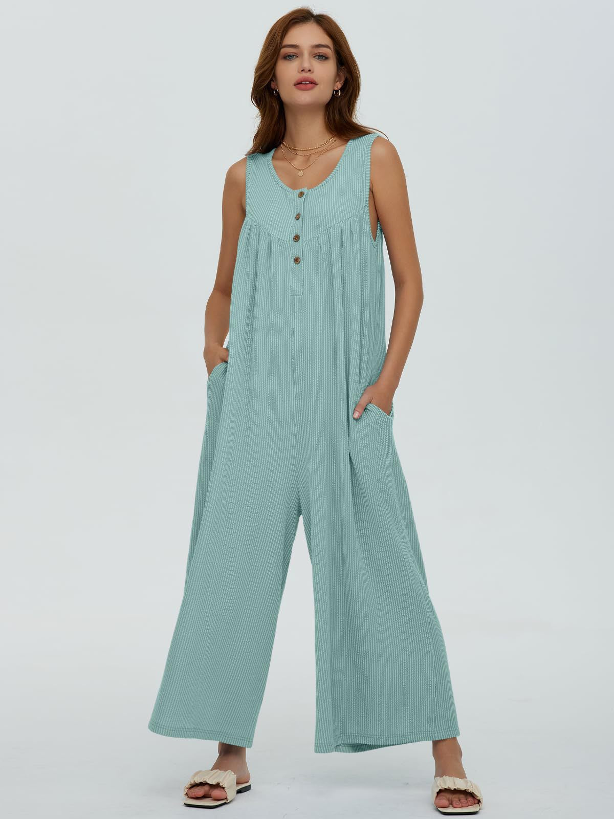 Women's Casual Overall with Deep Neckline and Pockets