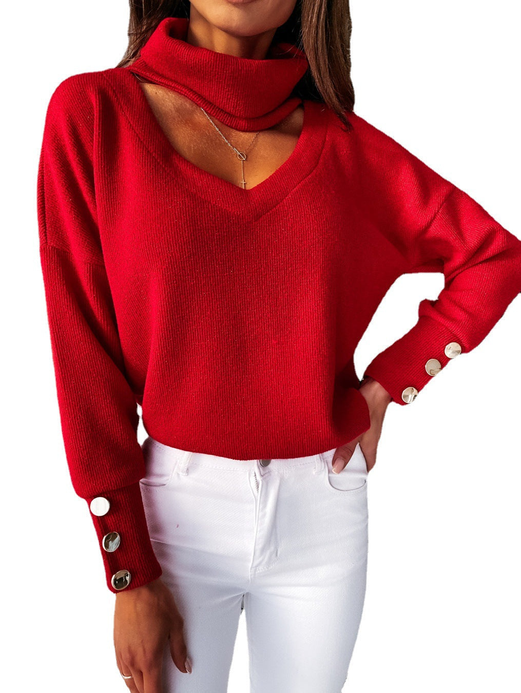 Women's Glamorous Knit Sweater with Mock Neck and Button Details